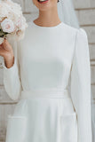 Ivory A Line Round Neck Long Sleeves Short Wedding Dress with Pockets