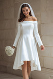 Ivory A Line Off the Shoulder Satin High Low Wedding Dress with Sleeves