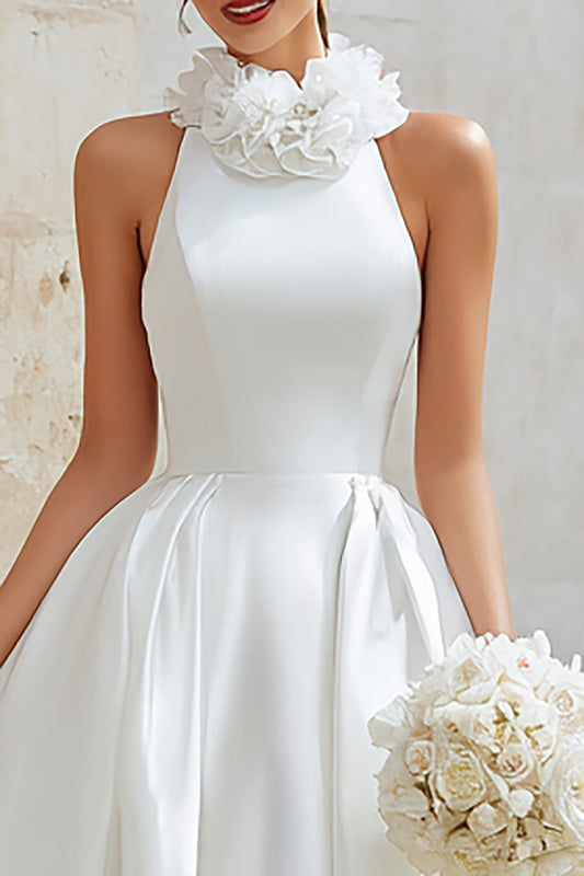 Ivory Princess High Neck Satin High Low Floral Wedding Dress