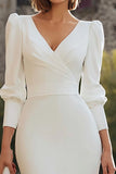Ivory V-Neck Bodycon Midi Engagement Dress with Sleeves