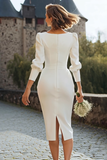 Ivory V-Neck Bodycon Midi Engagement Dress with Sleeves