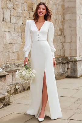 Ivory V-Neck Long Sleeves A-Line Maxi Engagement Dress with Slit