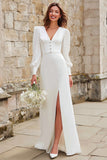 Ivory V-Neck Long Sleeves A-Line Maxi Engagement Dress with Slit