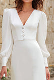 Ivory V-Neck Long Sleeves A-Line Maxi Engagement Dress with Slit