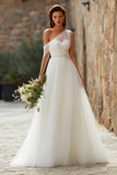 Ivory One Shoulder Tulle A-Line Floor Length Wedding Dress