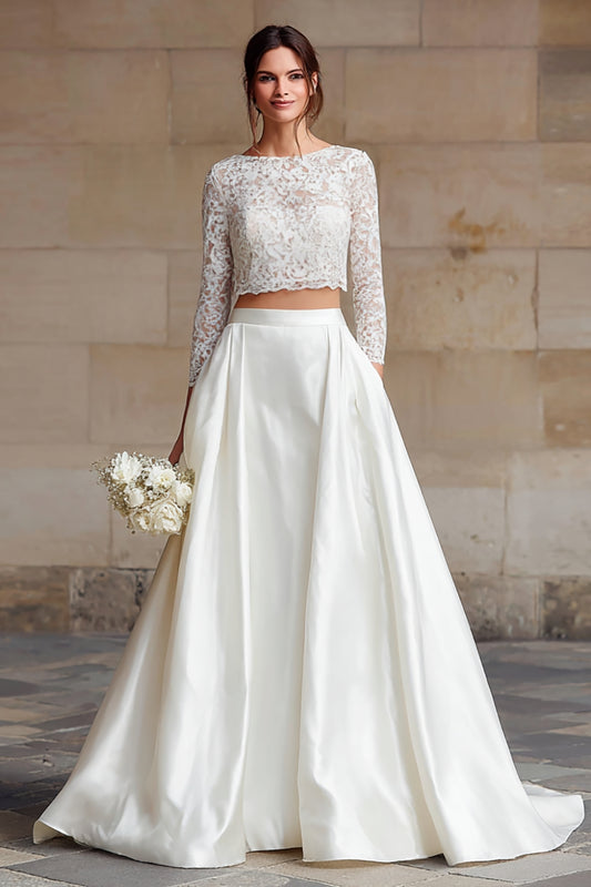 Ivory Satin 2 Piece Long Sleeves A-Line Long Wedding Dress with Lace