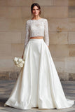 Ivory Satin 2 Piece Long Sleeves A-Line Long Wedding Dress with Lace
