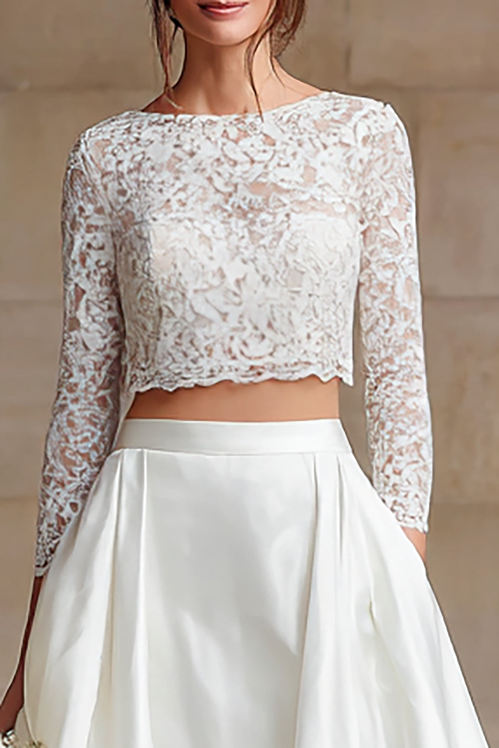 Ivory Satin 2 Piece Long Sleeves A-Line Long Wedding Dress with Lace