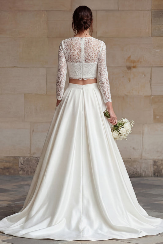 Ivory Satin 2 Piece Long Sleeves A-Line Long Wedding Dress with Lace