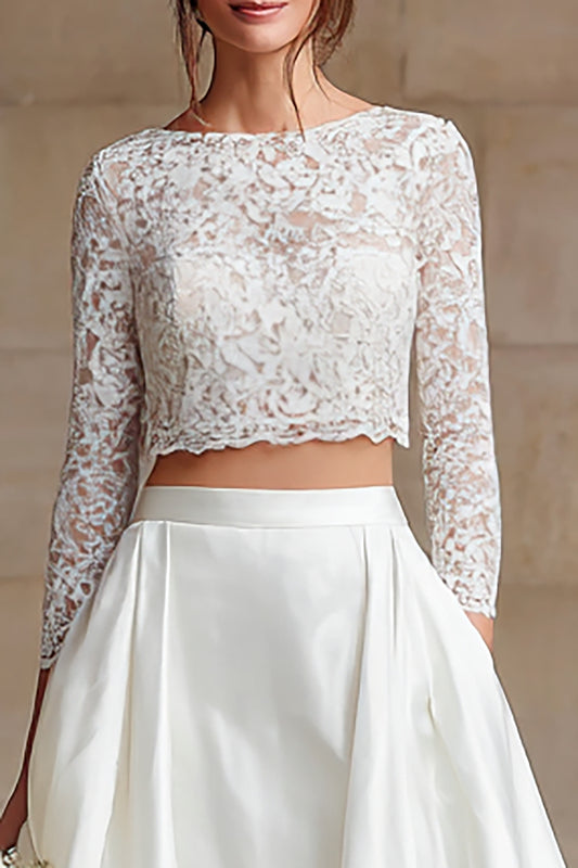 Ivory Satin 2 Piece Long Sleeves A-Line Long Wedding Dress with Lace