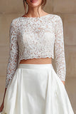 Ivory Satin 2 Piece Long Sleeves A-Line Long Wedding Dress with Lace