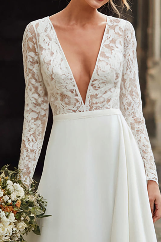 Ivory Satin V-Neck Long Sleeves A-Line Sweep Train Wedding Dress with Lace