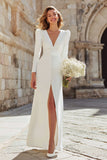 Ivory V-Neck Long Sleeves Sheath Floor Length Wedding Dress with Slit