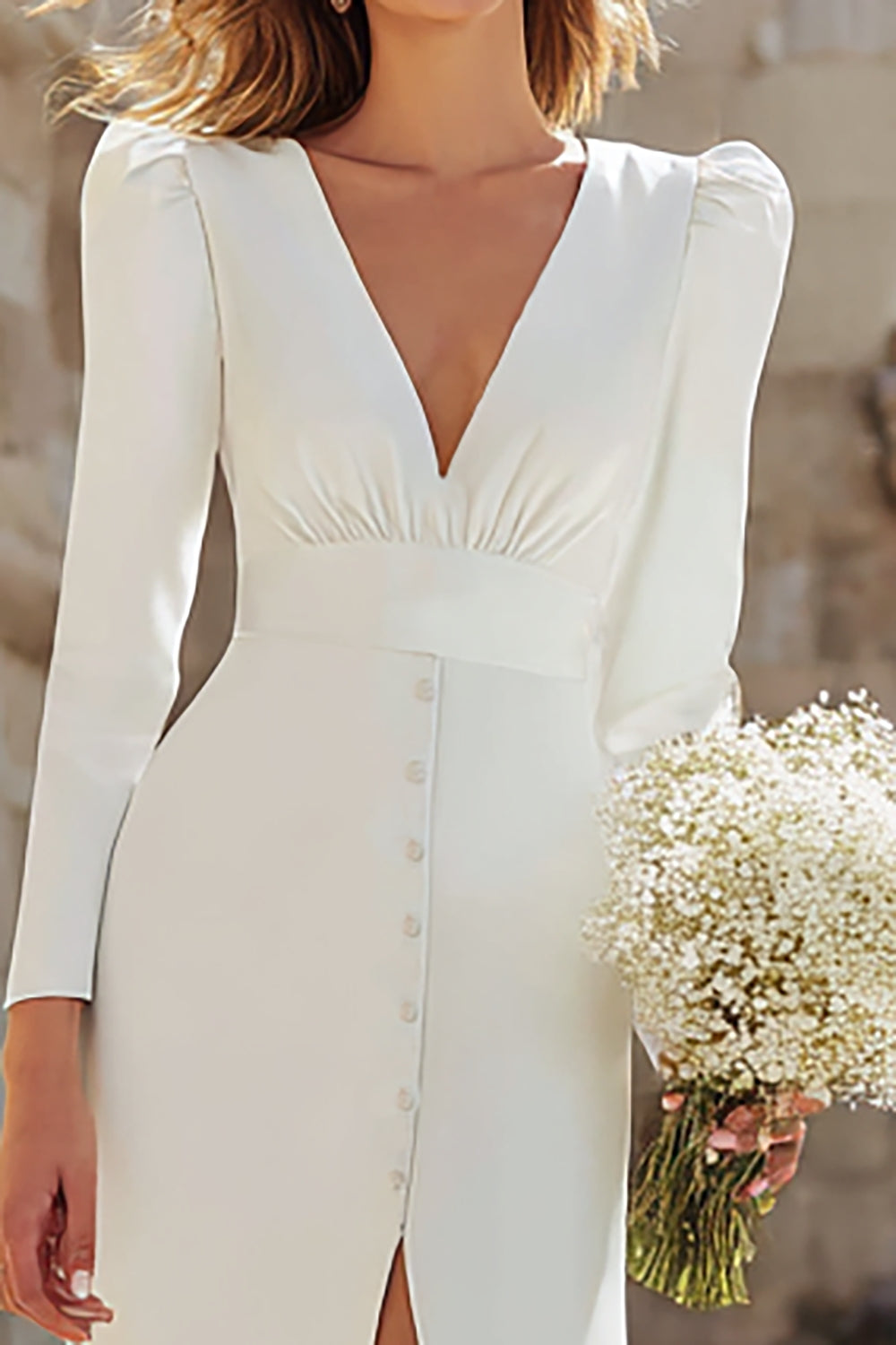 Zapakasa Women Ivory Sheath Floor Length Wedding Dress with Slit V-Neck Long Sleeves Engagement Dress Zapakasa Women Ivory Sheath Floor Length Wedding Dress with Slit V-Neck Long Sleeves Engagement Dress