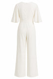 Ivory V-Neck Half Sleeves Long Wedding Jumpsuits with Pockets