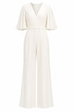 Ivory V-Neck Half Sleeves Long Wedding Jumpsuits with Pockets
