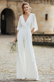 Ivory V-Neck Half Sleeves Long Wedding Jumpsuits with Pockets