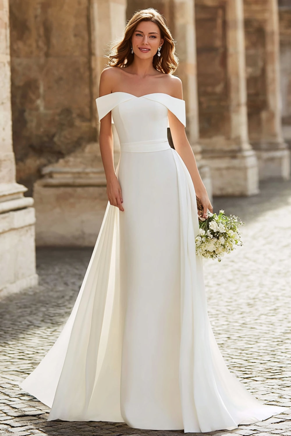 Zapakasa Women Simple Ivory Sheath Wedding Dress Off the Shoulder Bridal Dress with Waist Cape Zapakasa Women Simple Ivory Sheath Wedding Dress Off the Shoulder Bridal Dress with Waist Cape
