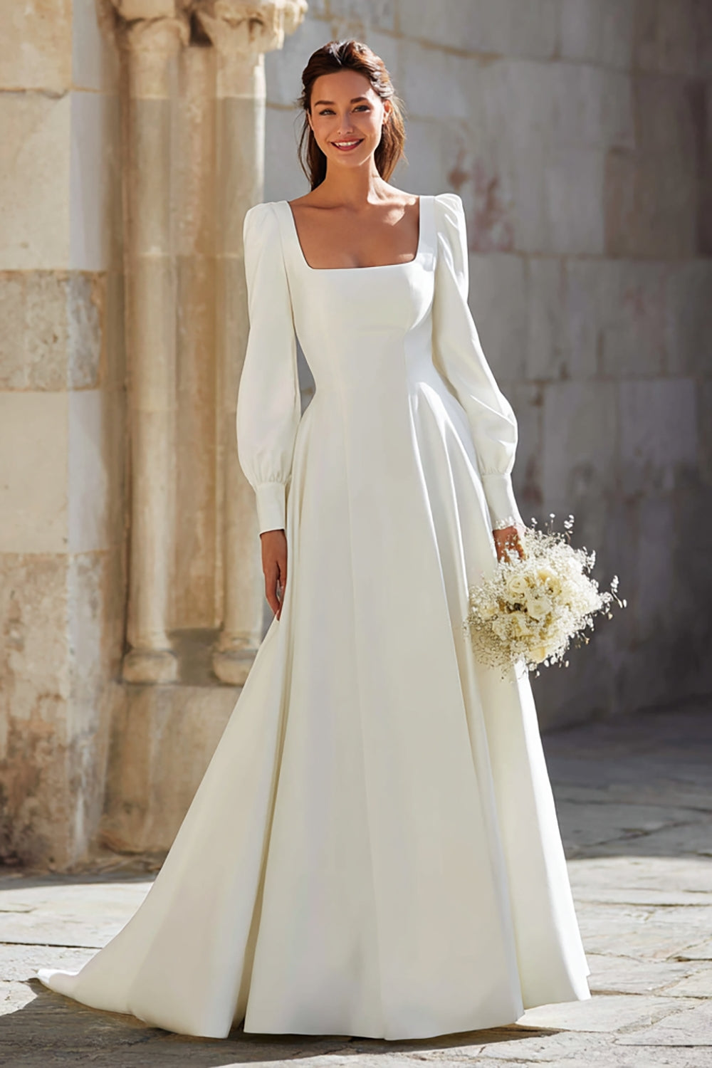 Zapaka Women Simple Ivory Square Neck Wedding Dress with Sleeves Sweep Train A Line Bridal Dress, Ivory / US6