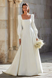 Ivory Square Neck A-Line Sweep Train Wedding Dress with Sleeves