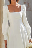 Ivory Square Neck A-Line Sweep Train Wedding Dress with Sleeves