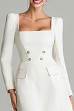 Ivory Square Neck A Line Midi Work Dress with Sleeves