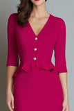 Fuchsia V-Neck Mermaid Ruffled Midi Work Dress with Sleeves
