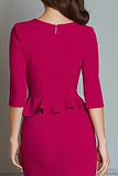 Fuchsia V-Neck Mermaid Ruffled Midi Work Dress with Sleeves