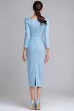 Simple Light Blue Pencil Boat Neck Midi Work Dress with Sleeves