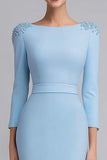 Simple Light Blue Pencil Boat Neck Midi Work Dress with Sleeves