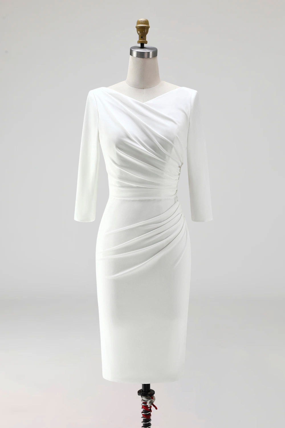 Simple Ivory Plus Size Pencil Ruched Midi Work Dress with Slit