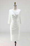 Simple Ivory Plus Size Pencil Ruched Midi Work Dress with Slit