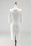 Simple Ivory Plus Size Pencil Ruched Midi Work Dress with Slit
