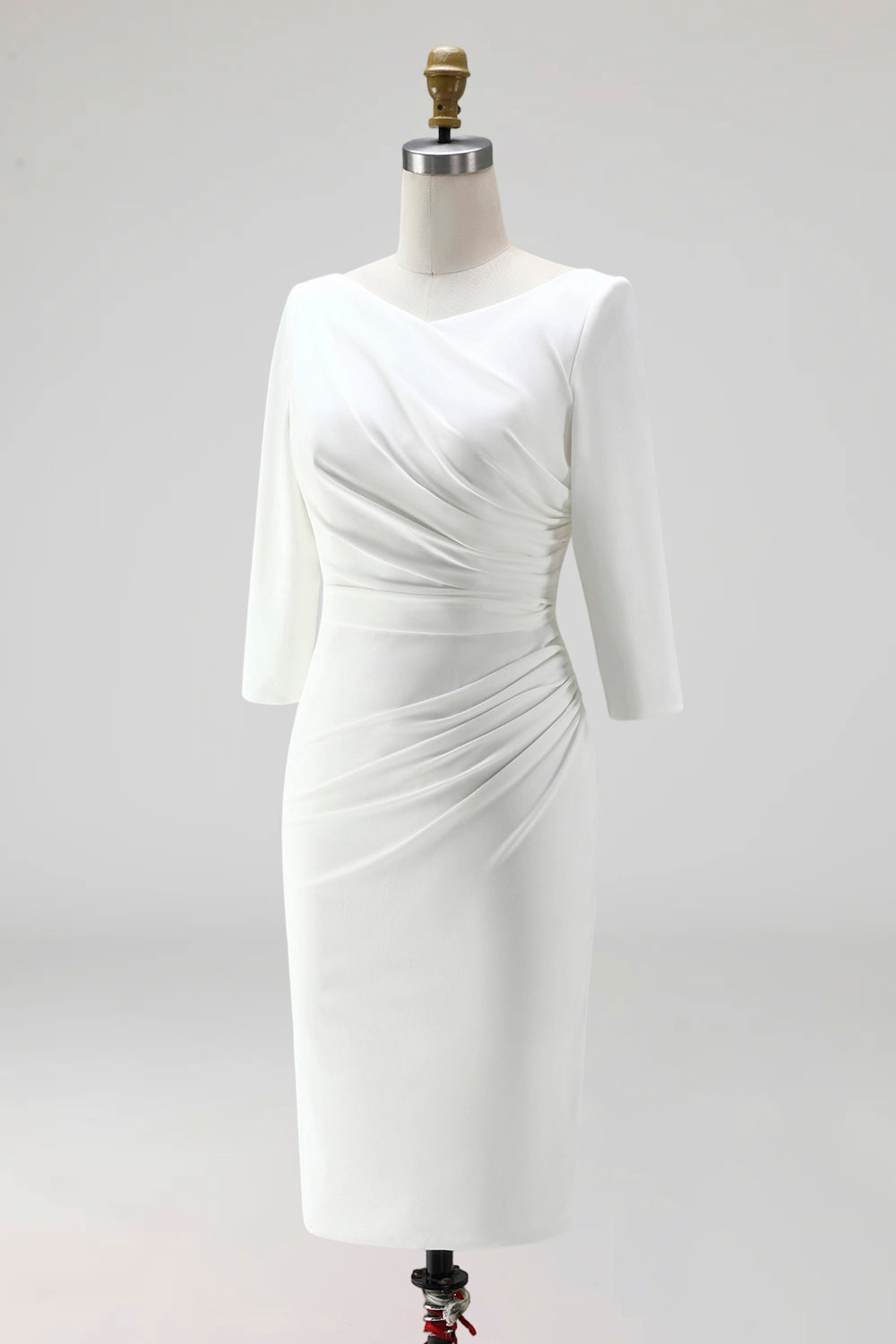Simple Ivory Plus Size Pencil Ruched Midi Work Dress with Slit