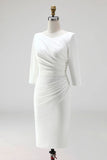 Simple Ivory Plus Size Pencil Ruched Midi Work Dress with Slit
