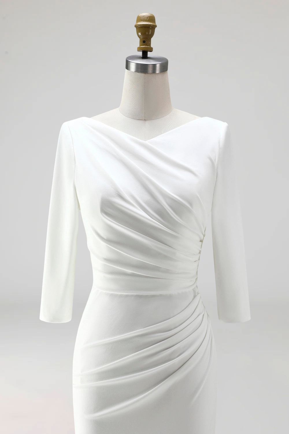 Simple Ivory Plus Size Pencil Ruched Midi Work Dress with Slit