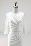 Simple Ivory Plus Size Pencil Ruched Midi Work Dress with Slit