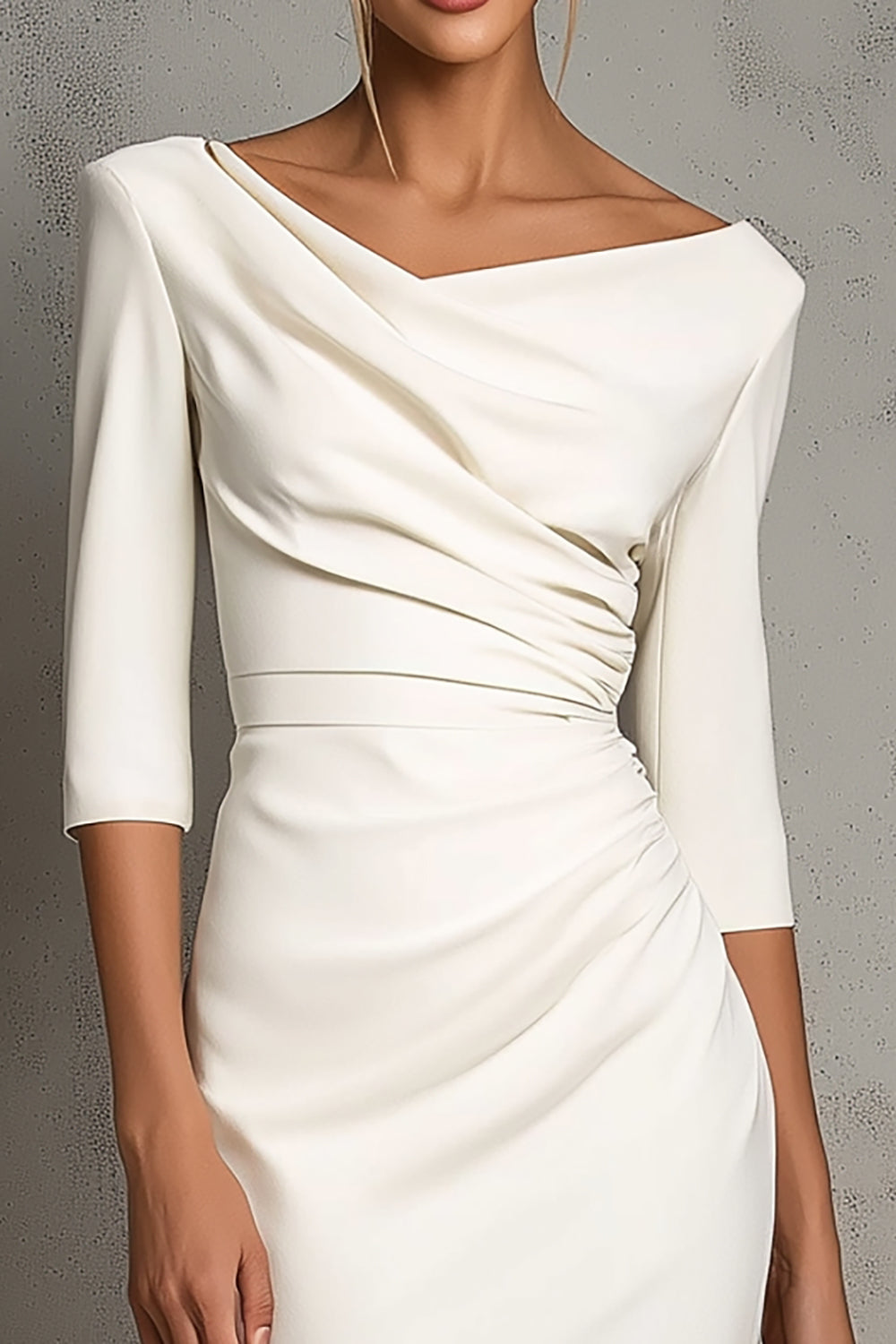 Simple Ivory Pencil Ruched Midi Work Dress with Slit