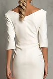 Simple Ivory Pencil Ruched Midi Work Dress with Slit