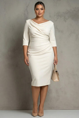 Simple Ivory Plus Size Pencil Ruched Midi Work Dress with Slit