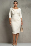 Simple Ivory Plus Size Pencil Ruched Midi Work Dress with Slit