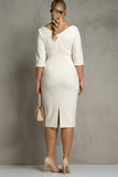 Simple Ivory Plus Size Pencil Ruched Midi Work Dress with Slit