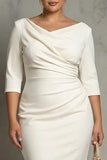 Simple Ivory Plus Size Pencil Ruched Midi Work Dress with Slit
