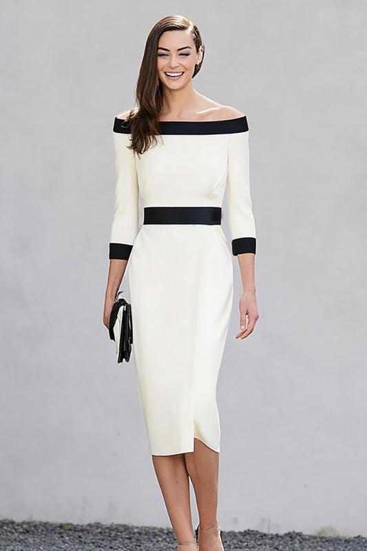 Black and White Off the Shoulder Pencil Midi Work Dress with Sleeves