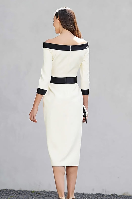 Black and White Off the Shoulder Pencil Midi Work Dress with Sleeves
