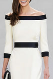 Black and White Off the Shoulder Pencil Midi Work Dress with Sleeves