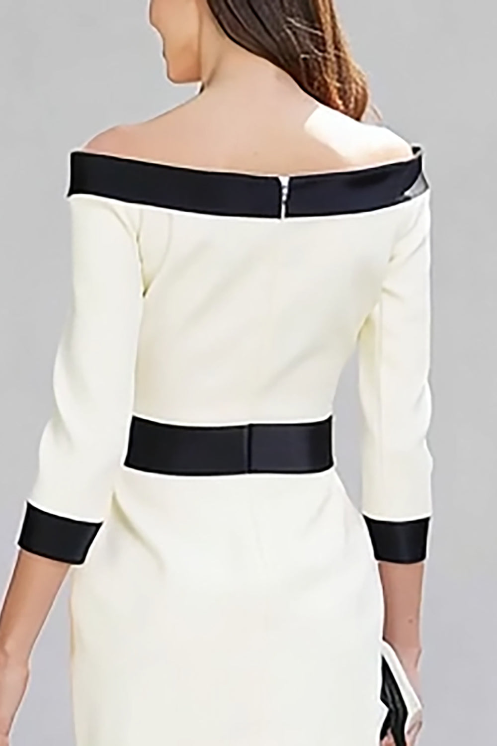 Black and White Off the Shoulder Pencil Midi Work Dress with Sleeves