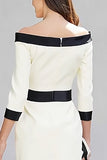 Black and White Off the Shoulder Pencil Midi Work Dress with Sleeves