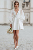 Ivory V-Neck Satin A Line Short Wedding Dress with Lace