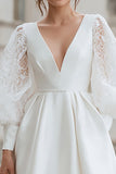 Ivory V-Neck Satin A Line Short Wedding Dress with Lace